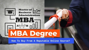 graduate in graduate cap and gown holding a mba degree diploma with a red ribbon