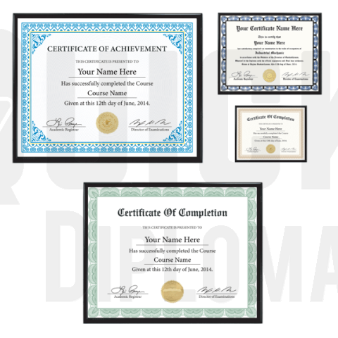 A collection of certificates in achievement and competition with shiny gold raised seals hanging on a wall inside nice black decorative frames