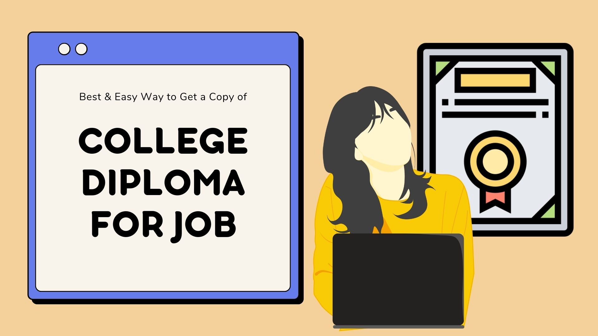 cartoon of graduate next to diploma holding briefcase for job she is applying for