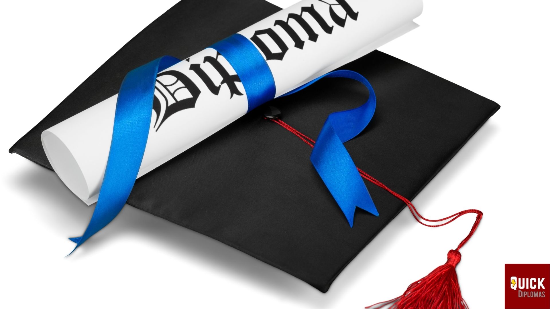 diploma and graduation cap with blue ribbon on white table