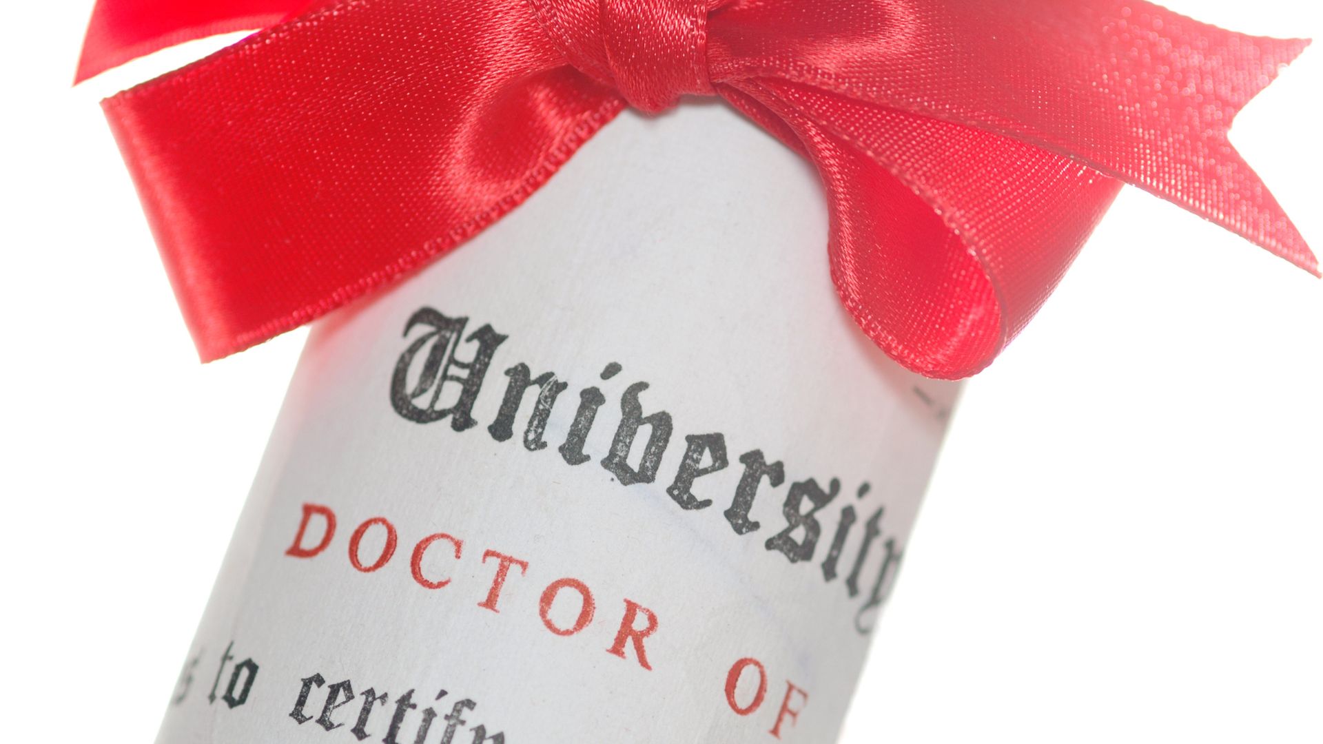 university college diploma in doctorate phd degree, rolled in red ribbon