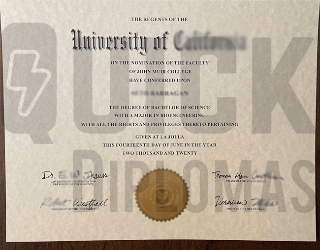 a University of California bachelor degree diploma with shiny gold embossed school seal
